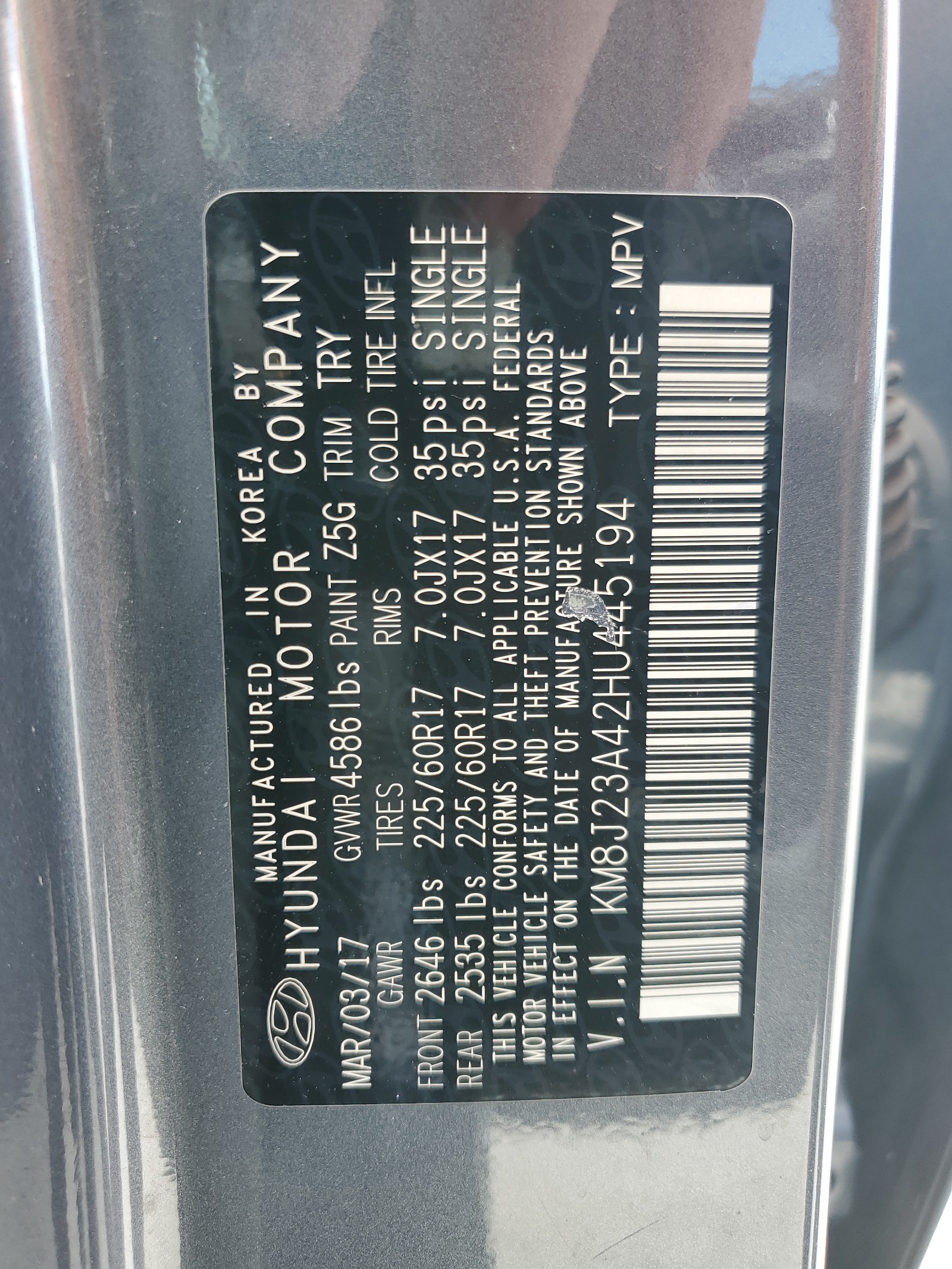 KM8J23A42HU445194 2017 Hyundai Tucson Se