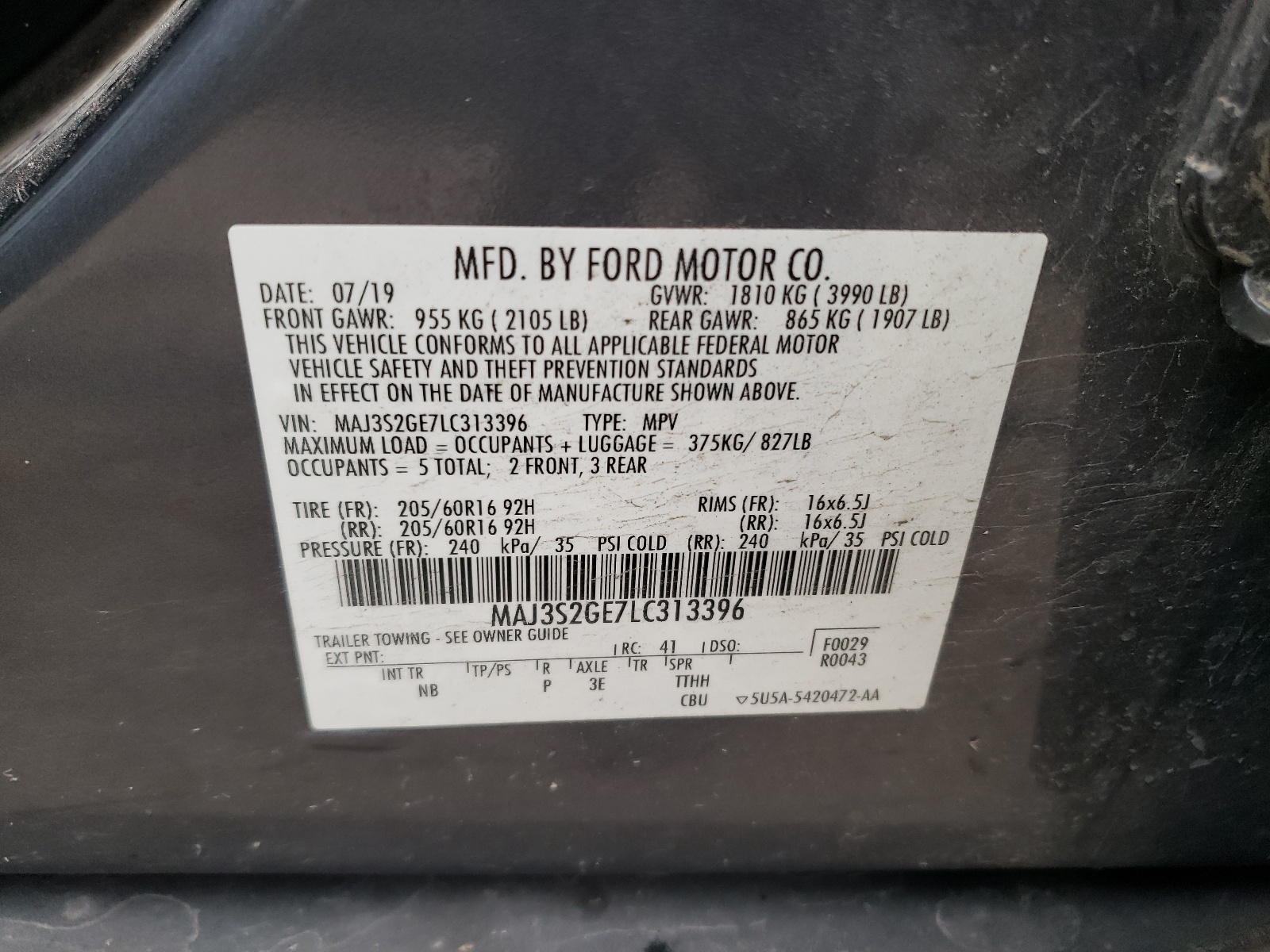 MAJ3S2GE7LC313396 2020 Ford Ecosport Se