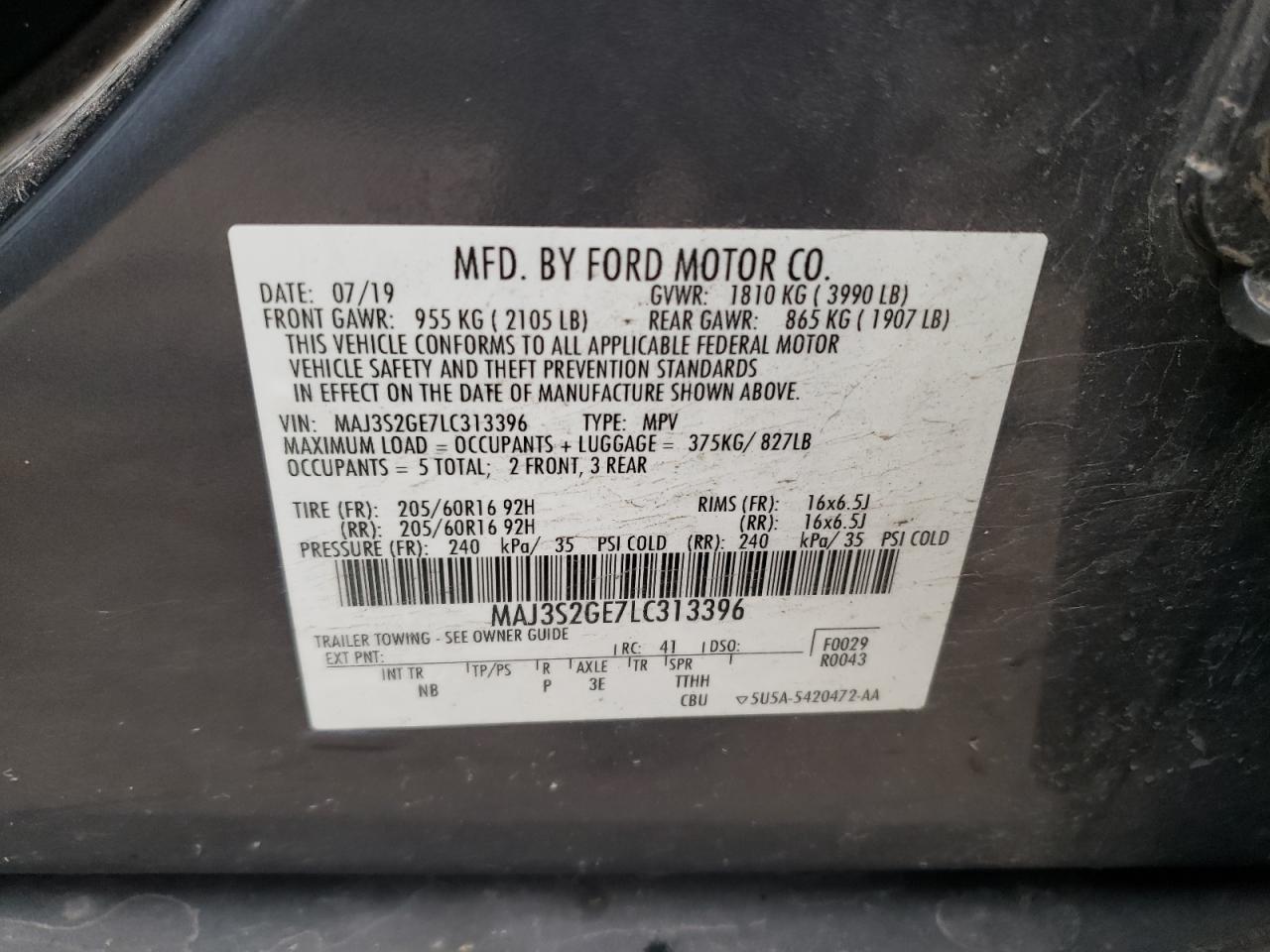 2020 Ford Ecosport Se VIN: MAJ3S2GE7LC313396 Lot: 61088404