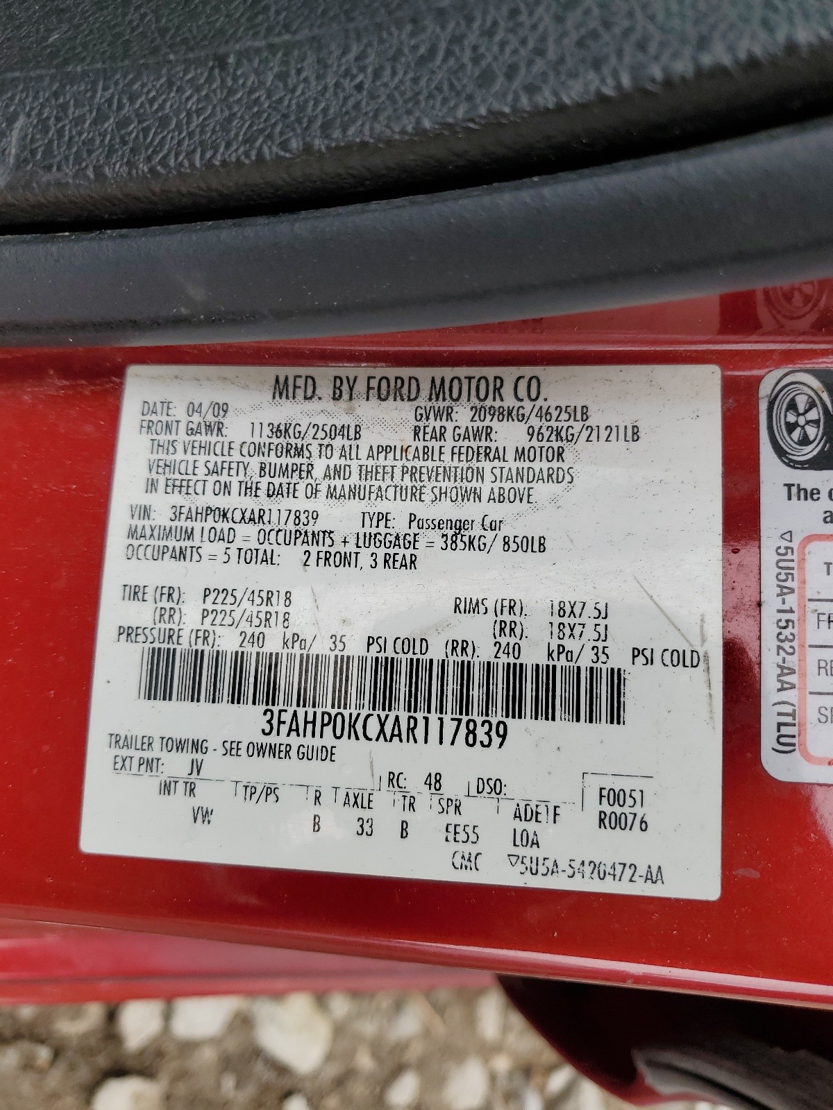 3FAHP0KCXAR117839 2010 Ford Fusion Sport