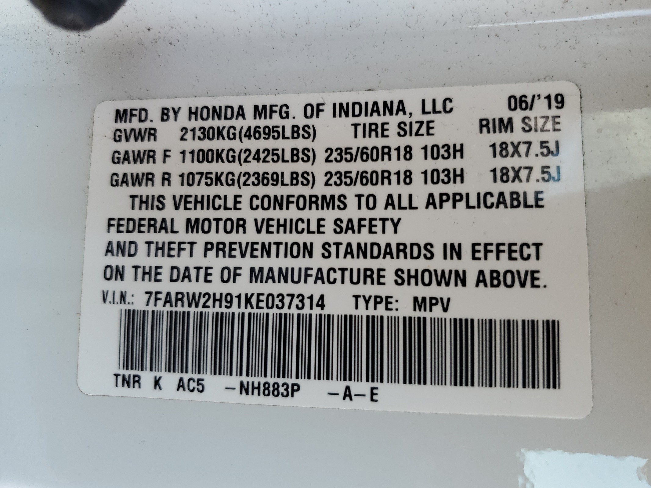 7FARW2H91KE037314 2019 Honda Cr-V Touring