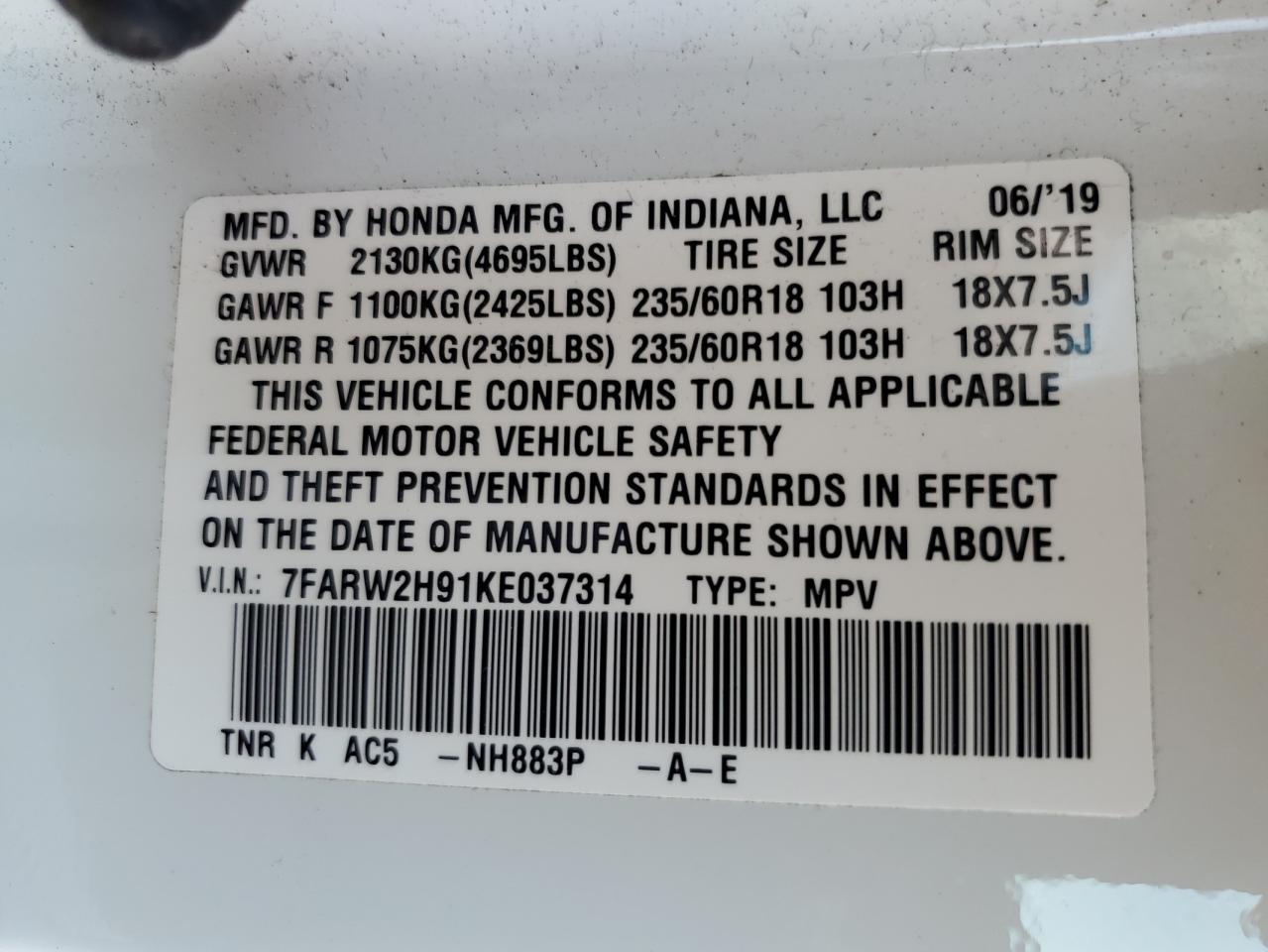 2019 Honda Cr-V Touring VIN: 7FARW2H91KE037314 Lot: 62559484