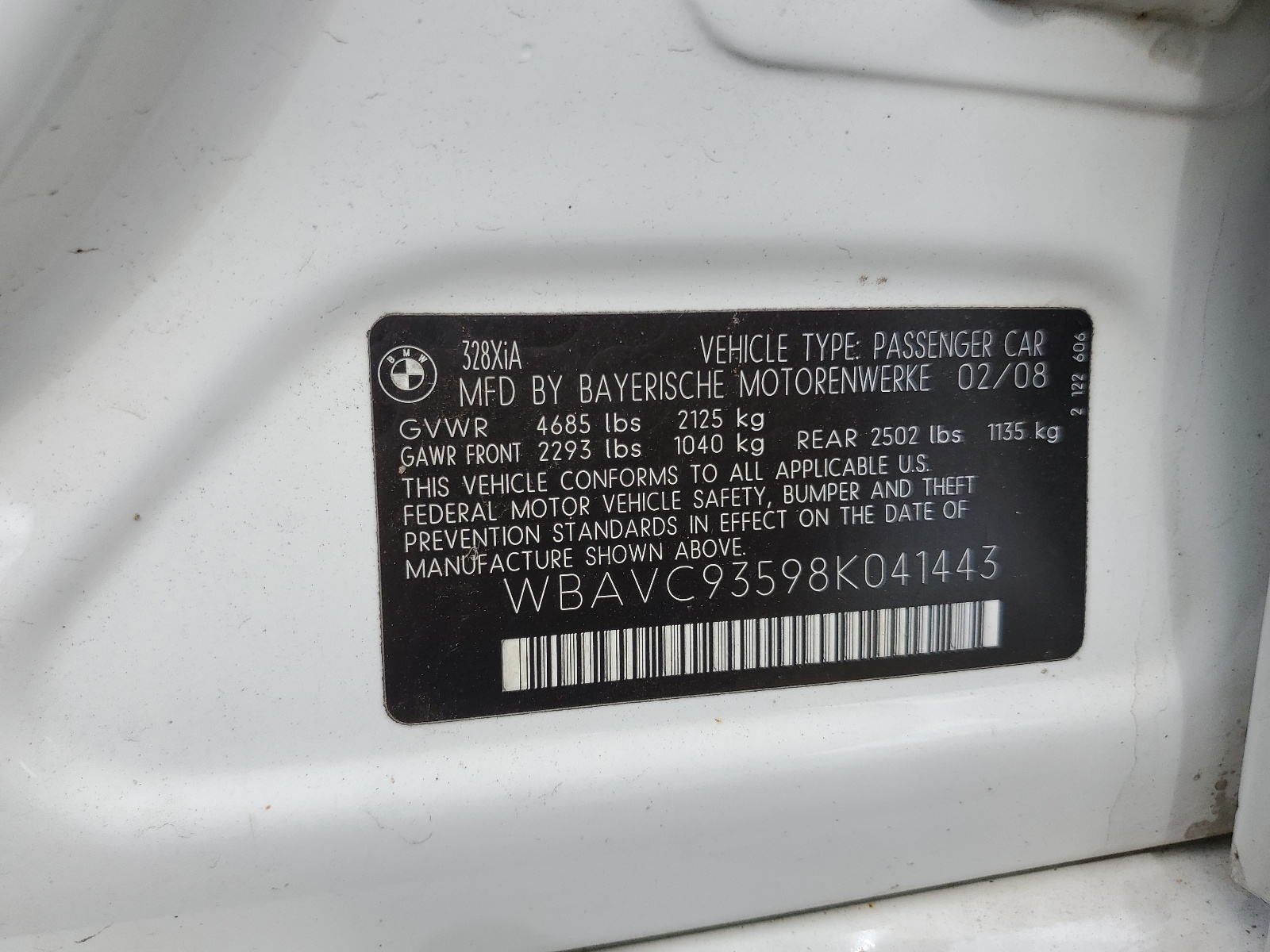 WBAVC93598K041443 2008 BMW 328 Xi