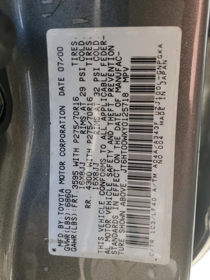 2000 Lexus Lx 470 VIN: JT6HT00WXY0125718 Lot: 61929944