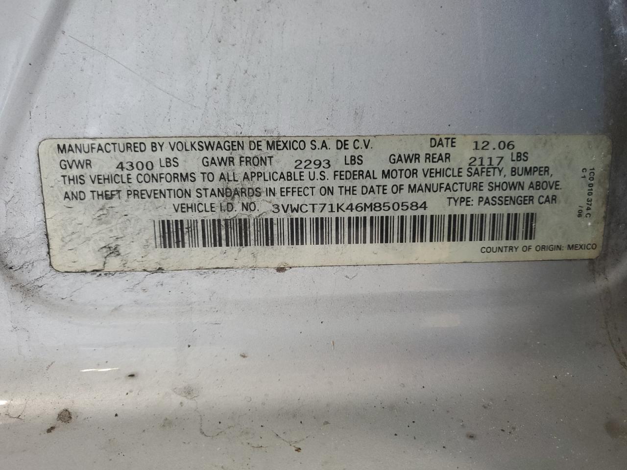 2006 Volkswagen Jetta Tdi VIN: 3VWCT71K46M850584 Lot: 63448914