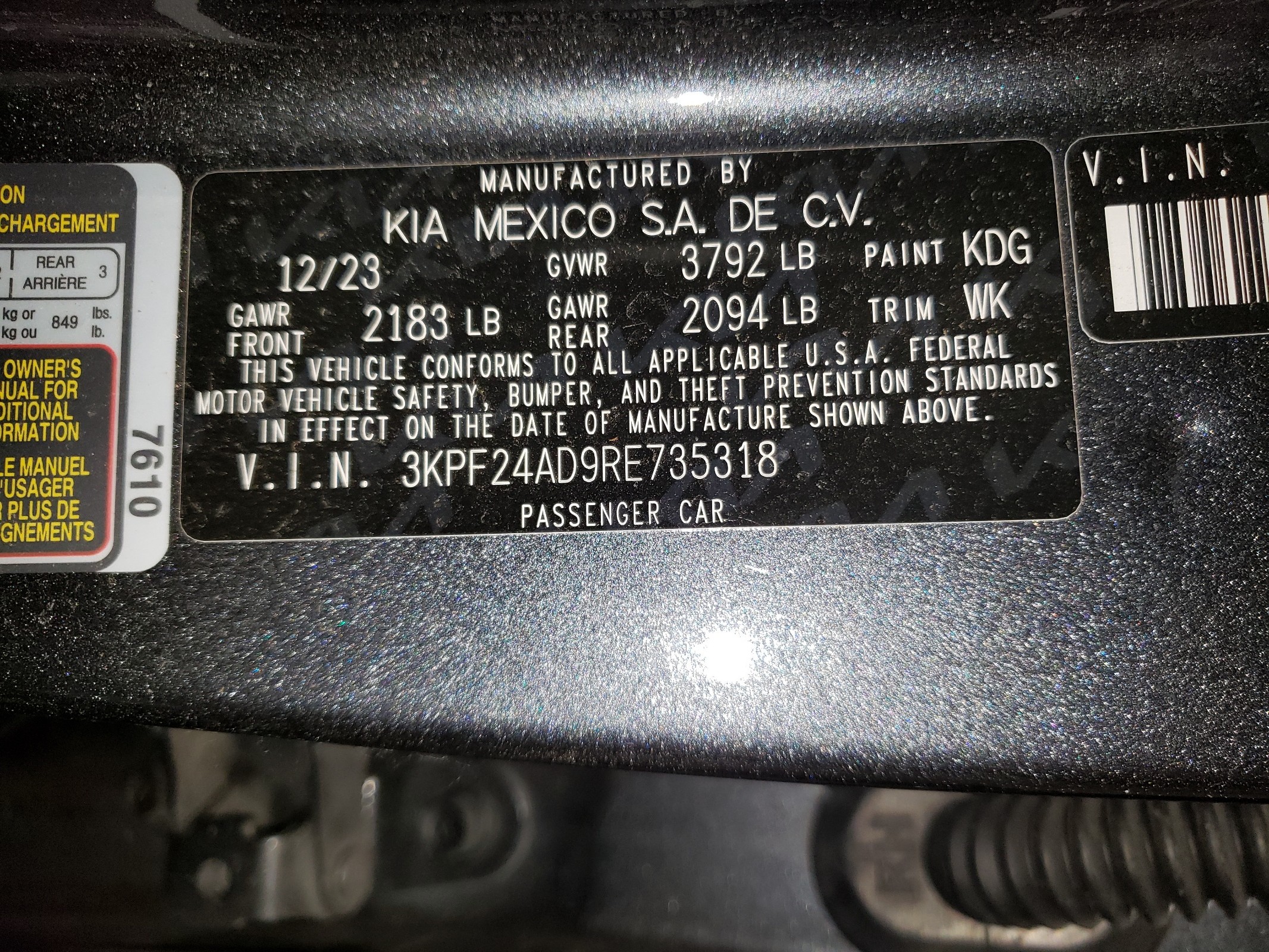 2024 Kia Forte Lx vin: 3KPF24AD9RE735318