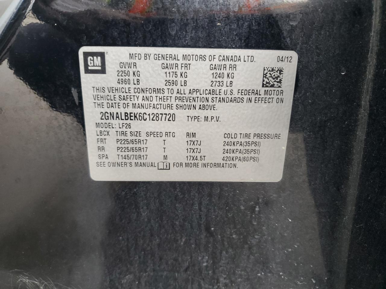 2012 Chevrolet Equinox Ls VIN: 2GNALBEK6C1287720 Lot: 62084314