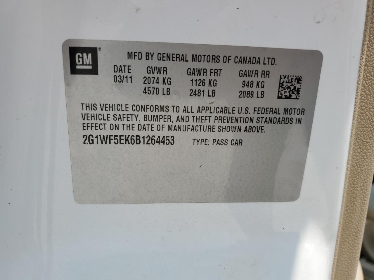 2011 Chevrolet Impala Ls VIN: 2G1WF5EK6B1264453 Lot: 64633884