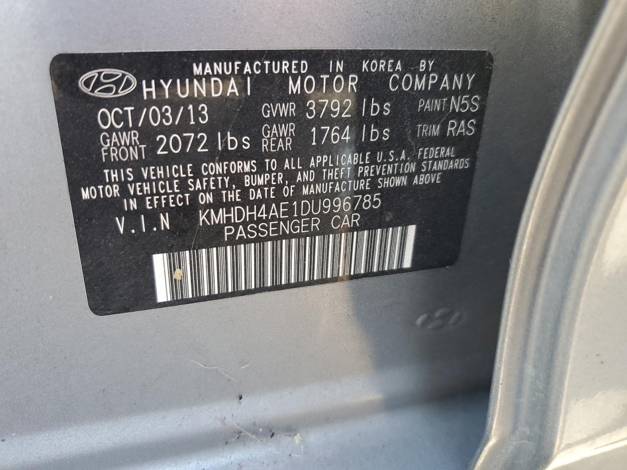 2013 Hyundai Elantra Gls VIN: KMHDH4AE1DU996785 Lot: 65428414