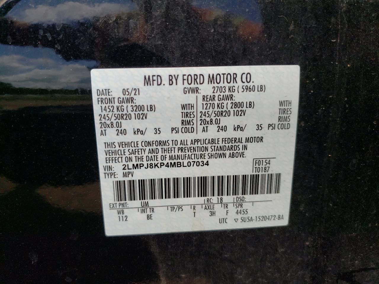 2021 Lincoln Nautilus Reserve VIN: 2LMPJ8KP4MBL07034 Lot: 63000094