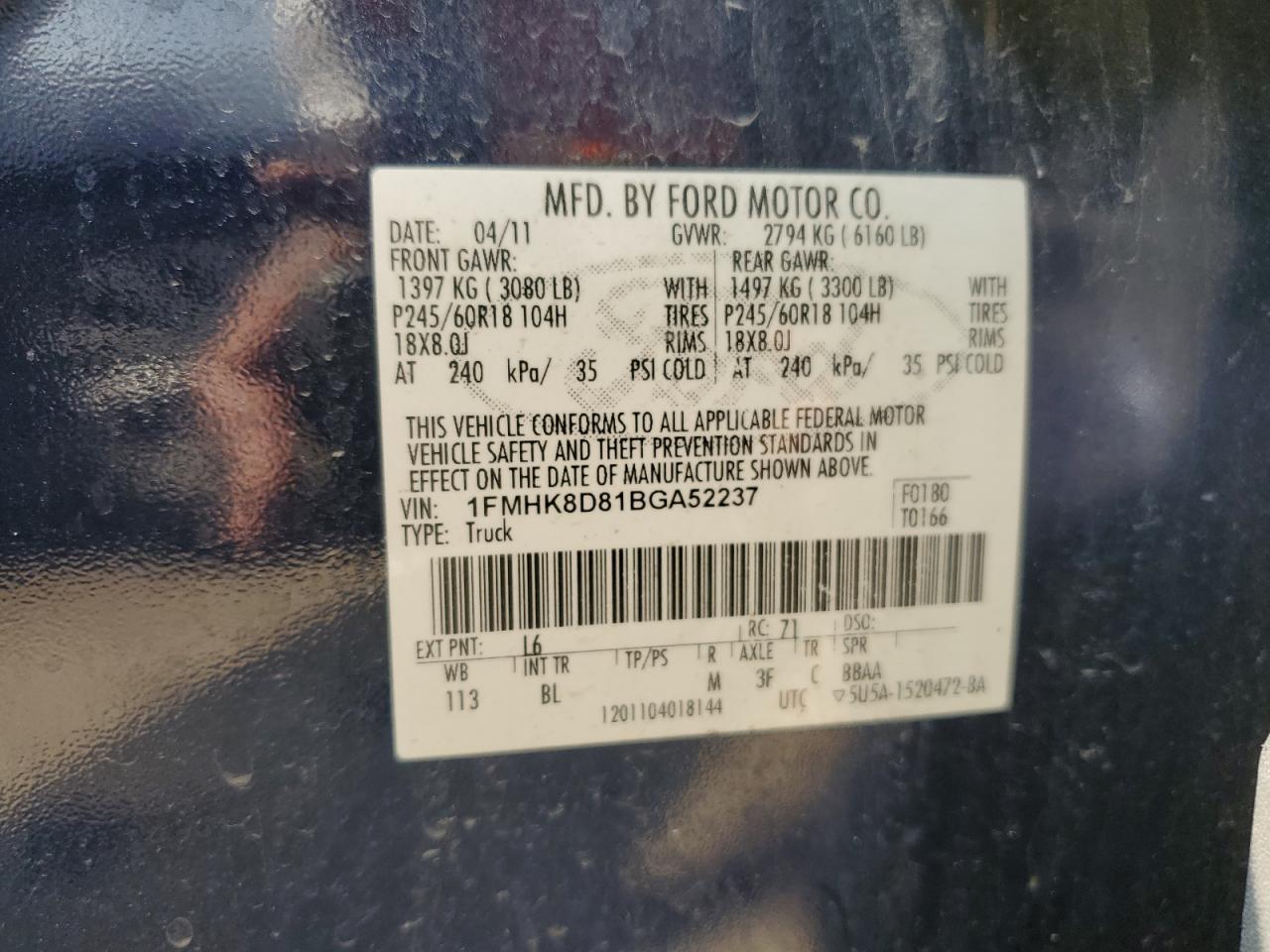 2011 Ford Explorer Xlt VIN: 1FMHK8D81BGA52237 Lot: 64407144