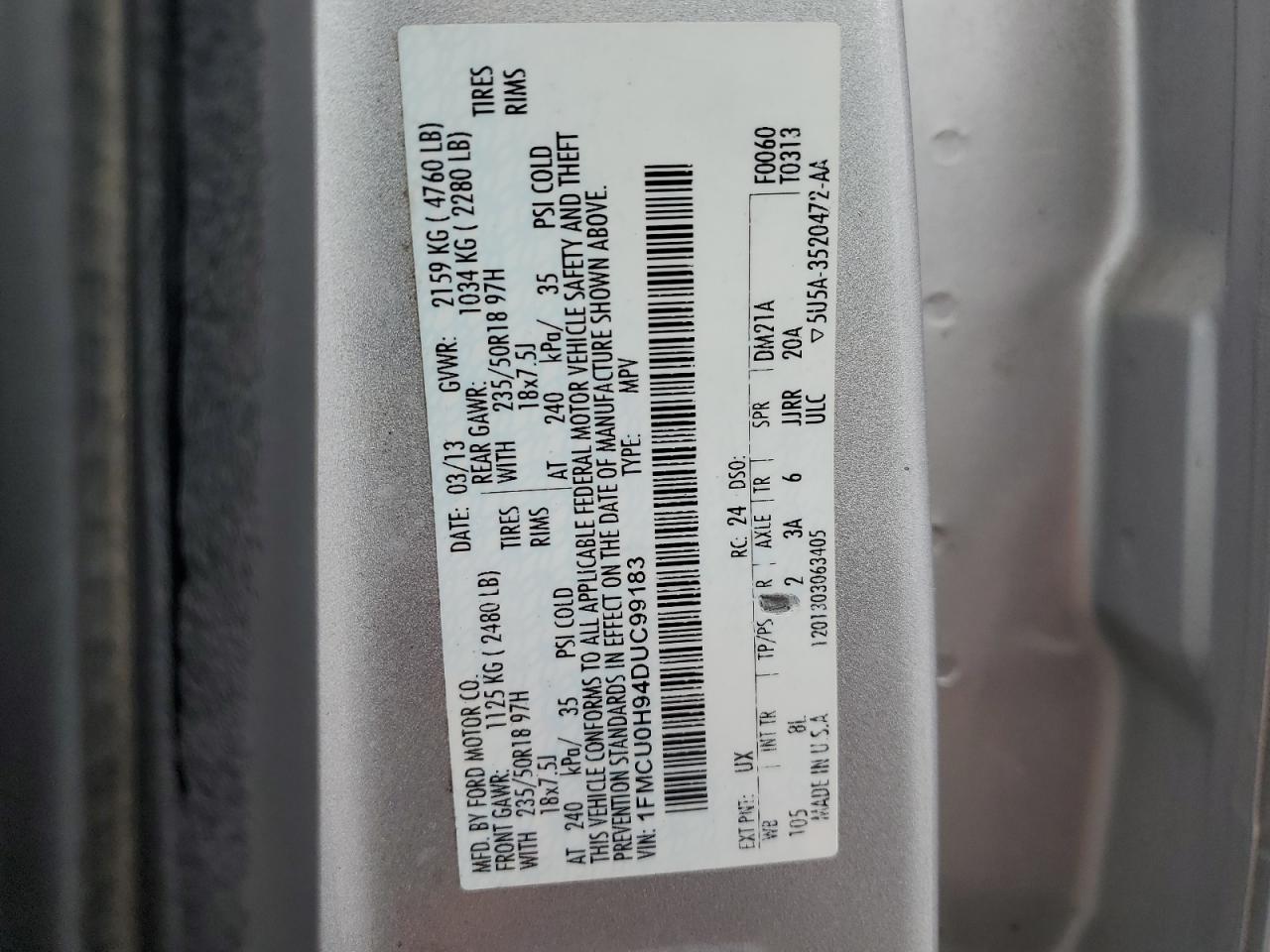 2013 Ford Escape Sel VIN: 1FMCU0H94DUC99183 Lot: 63615404