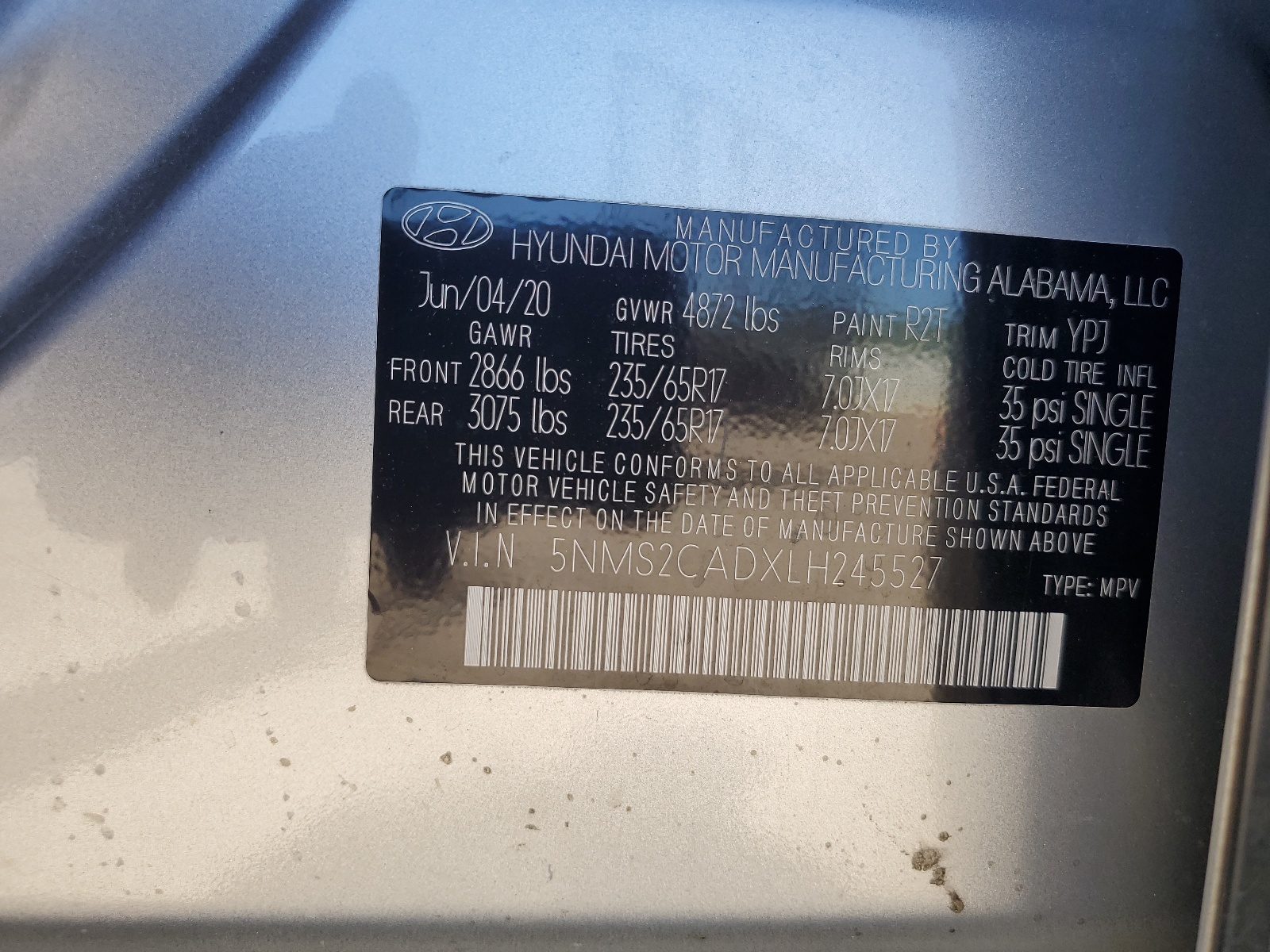 5NMS2CADXLH245527 2020 Hyundai Santa Fe Se