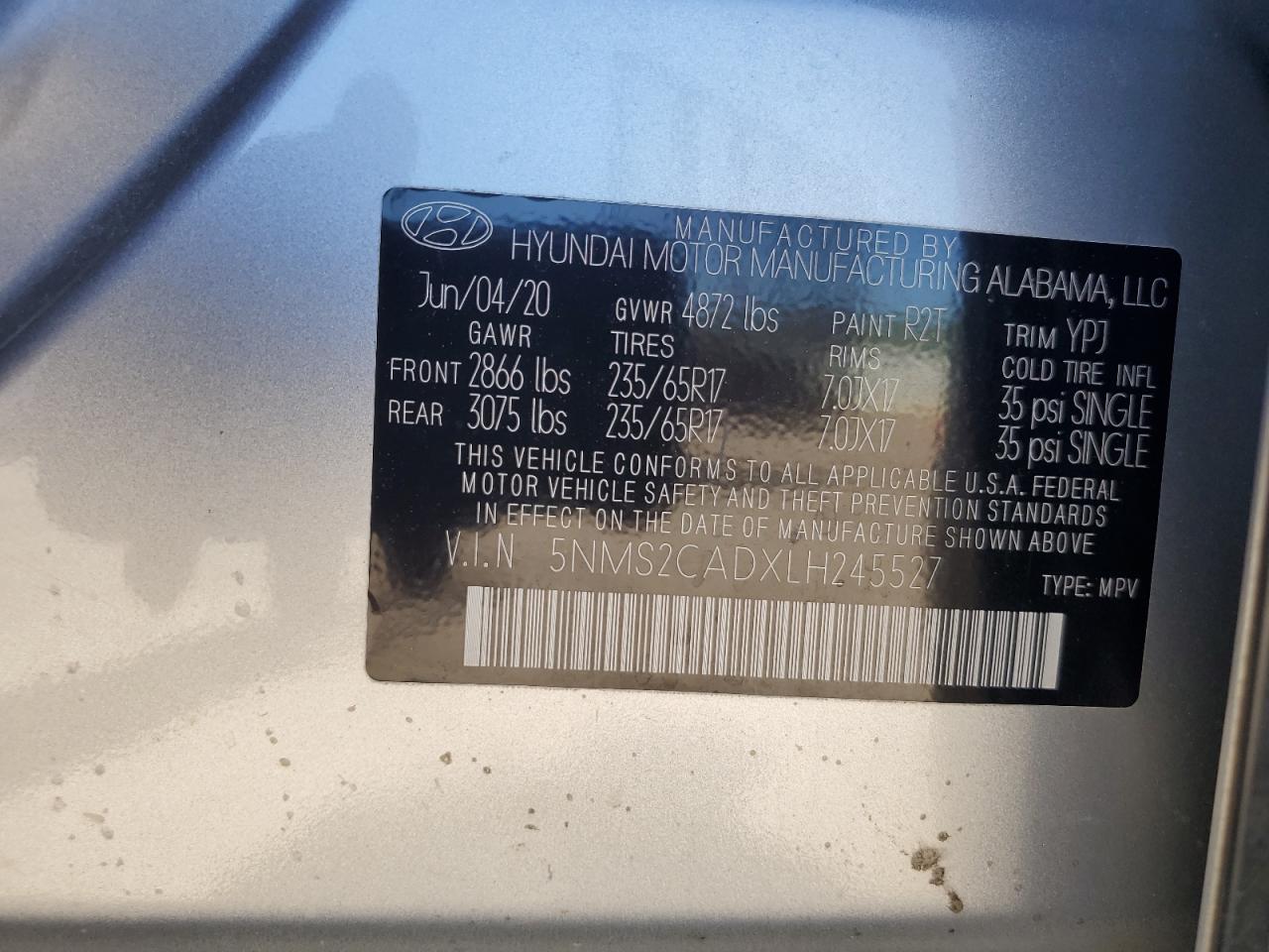 2020 Hyundai Santa Fe Se VIN: 5NMS2CADXLH245527 Lot: 61224974