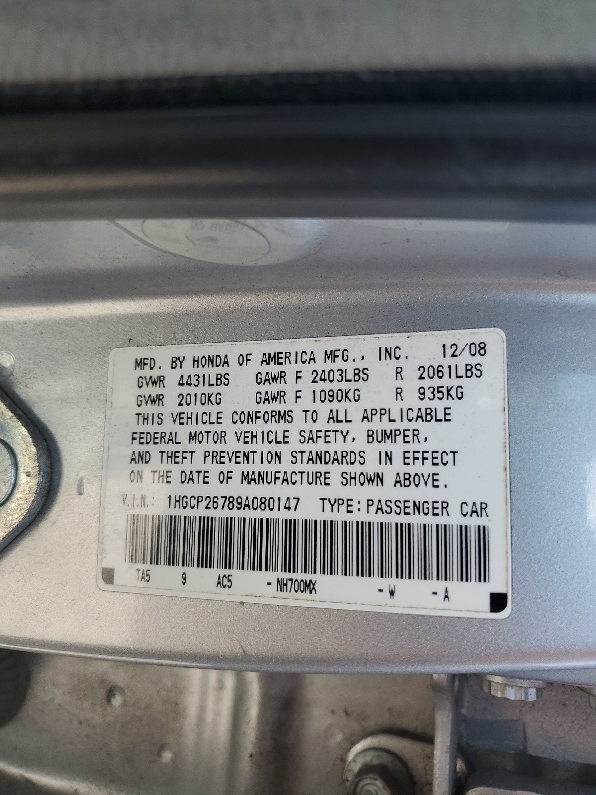 1HGCP26789A080147 2009 Honda Accord Ex