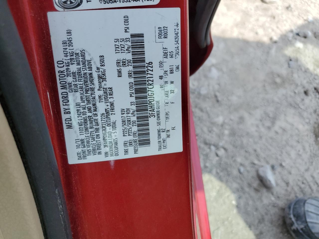 2012 Ford Fusion Sel VIN: 3FAHP0JG7CR217226 Lot: 62420974