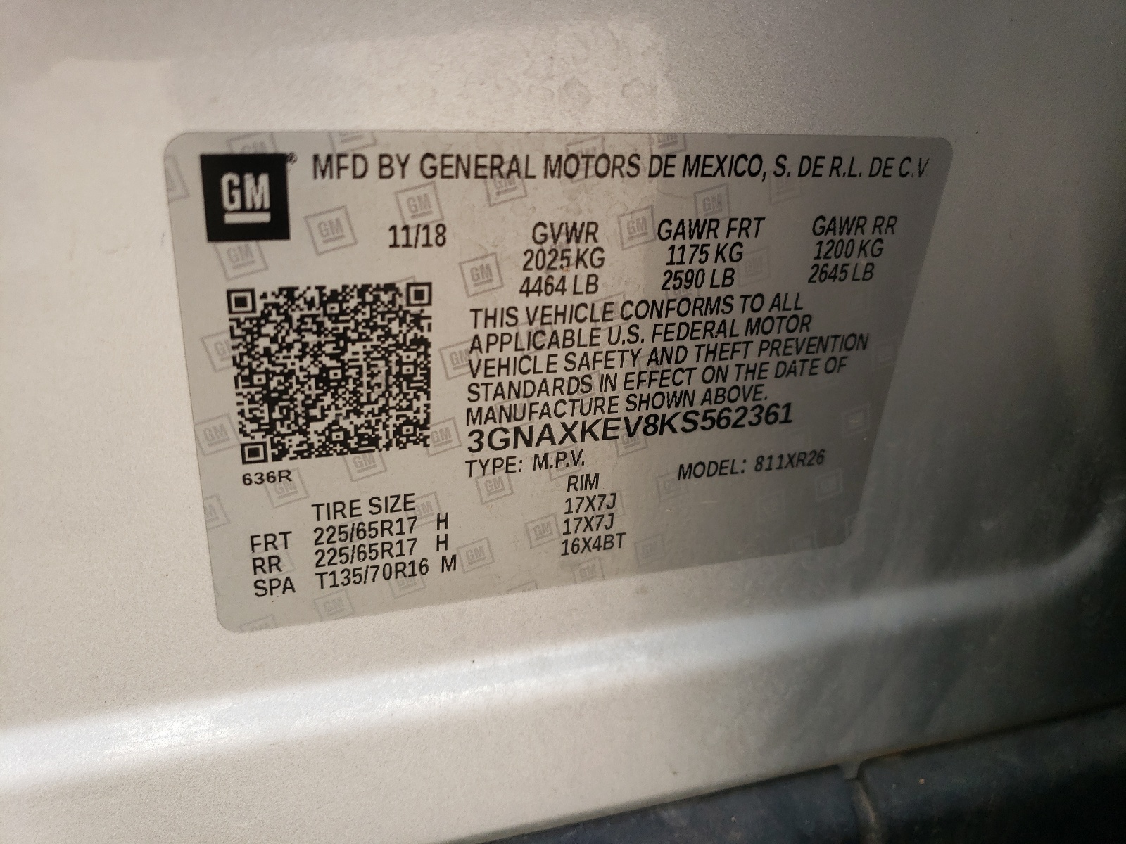 3GNAXKEV8KS562361 2019 Chevrolet Equinox Lt