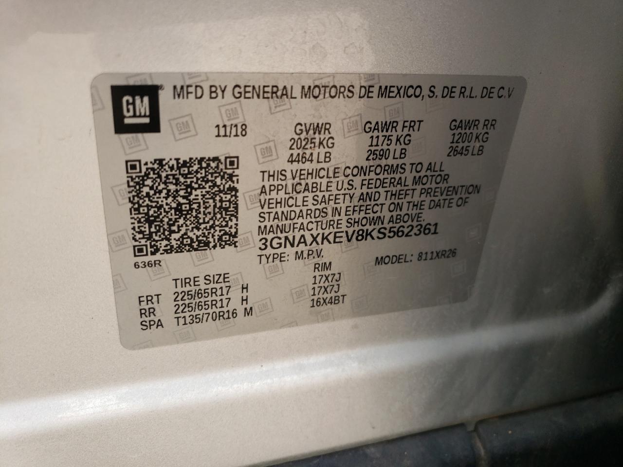 2019 Chevrolet Equinox Lt VIN: 3GNAXKEV8KS562361 Lot: 64207394