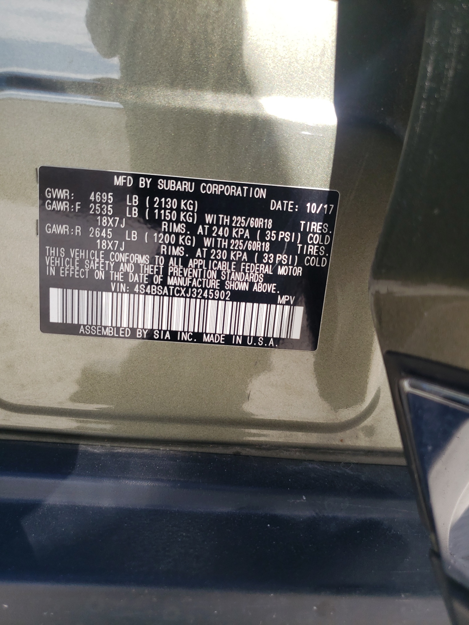 4S4BSATCXJ3245902 2018 Subaru Outback Touring