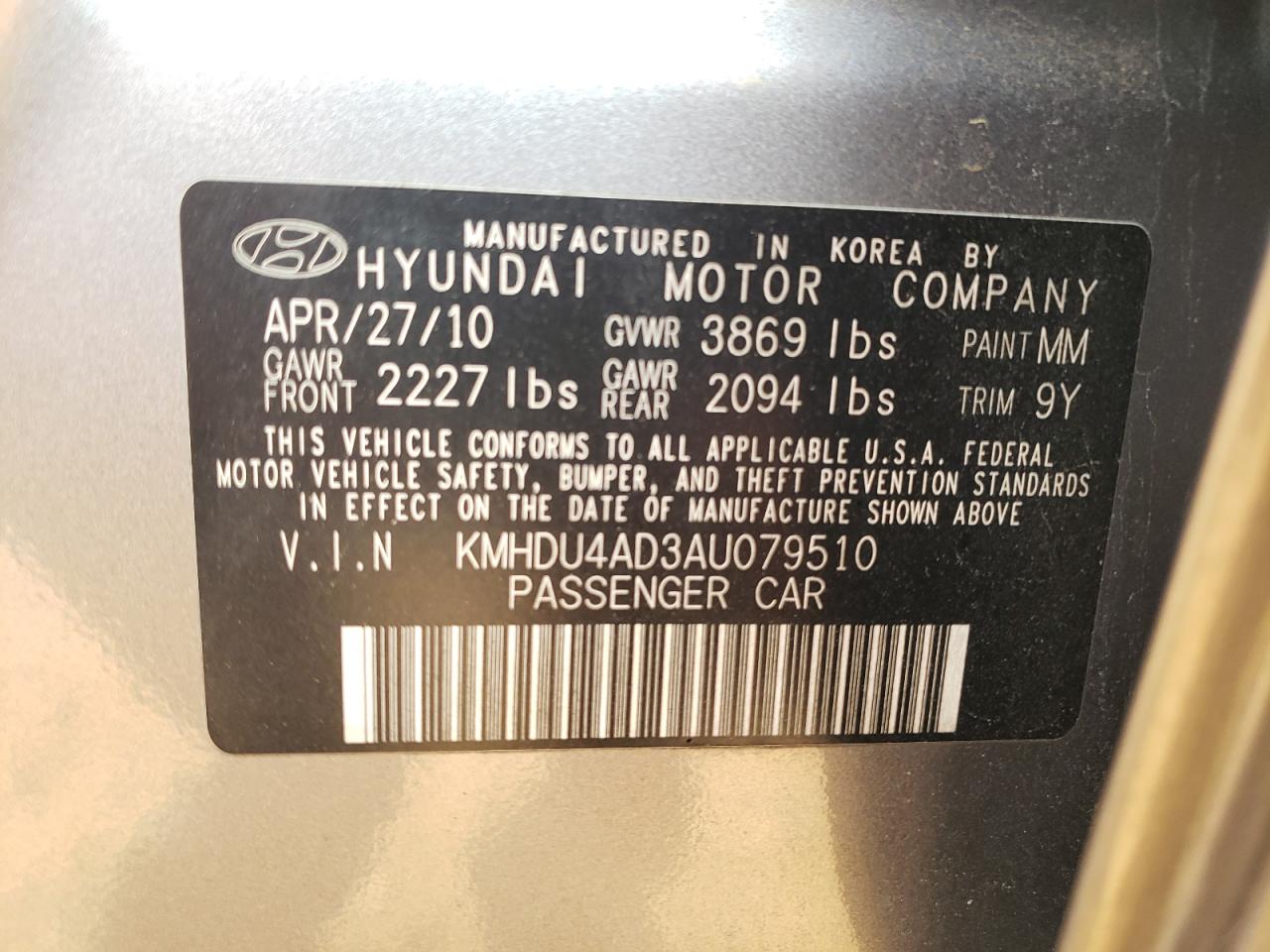 2010 Hyundai Elantra Blue VIN: KMHDU4AD3AU079510 Lot: 64465724