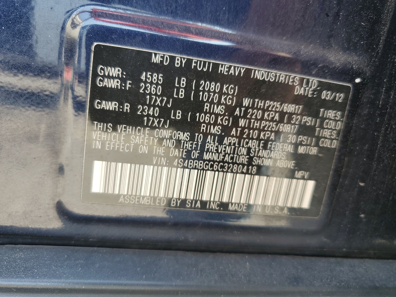 4S4BRBGC6C3280418 2012 Subaru Outback 2.5I Premium