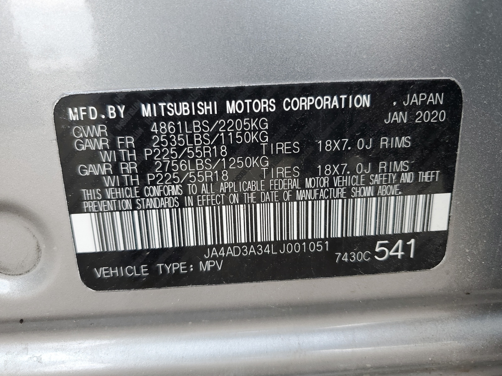 JA4AD3A34LJ001051 2020 Mitsubishi Outlander Se