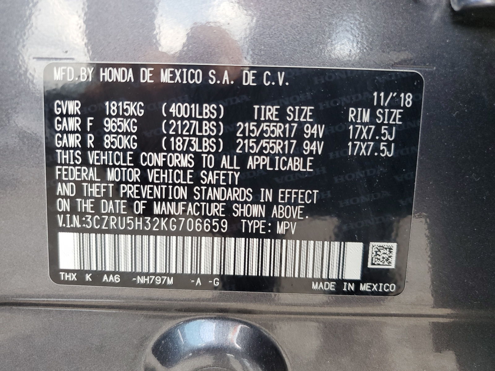 3CZRU5H32KG706659 2019 Honda Hr-V Lx