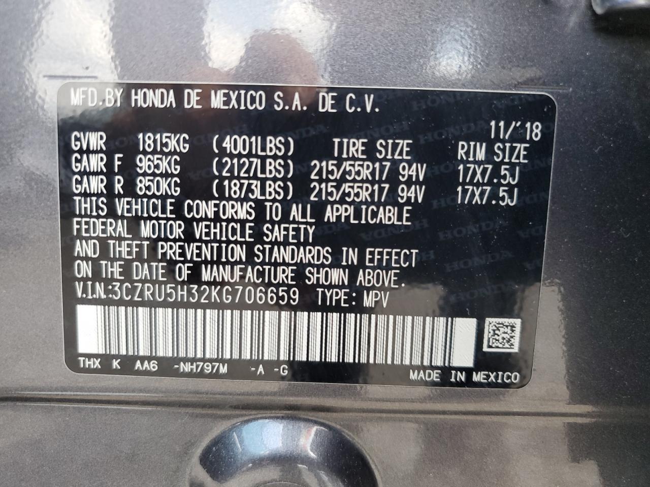 2019 Honda Hr-V Lx VIN: 3CZRU5H32KG706659 Lot: 62407204