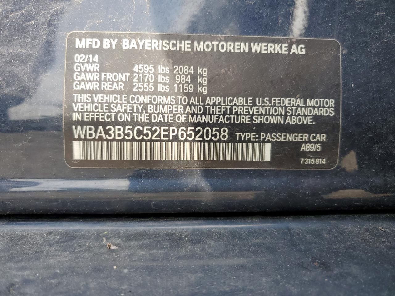 2014 BMW 328 Xi Sulev VIN: WBA3B5C52EP652058 Lot: 63108704