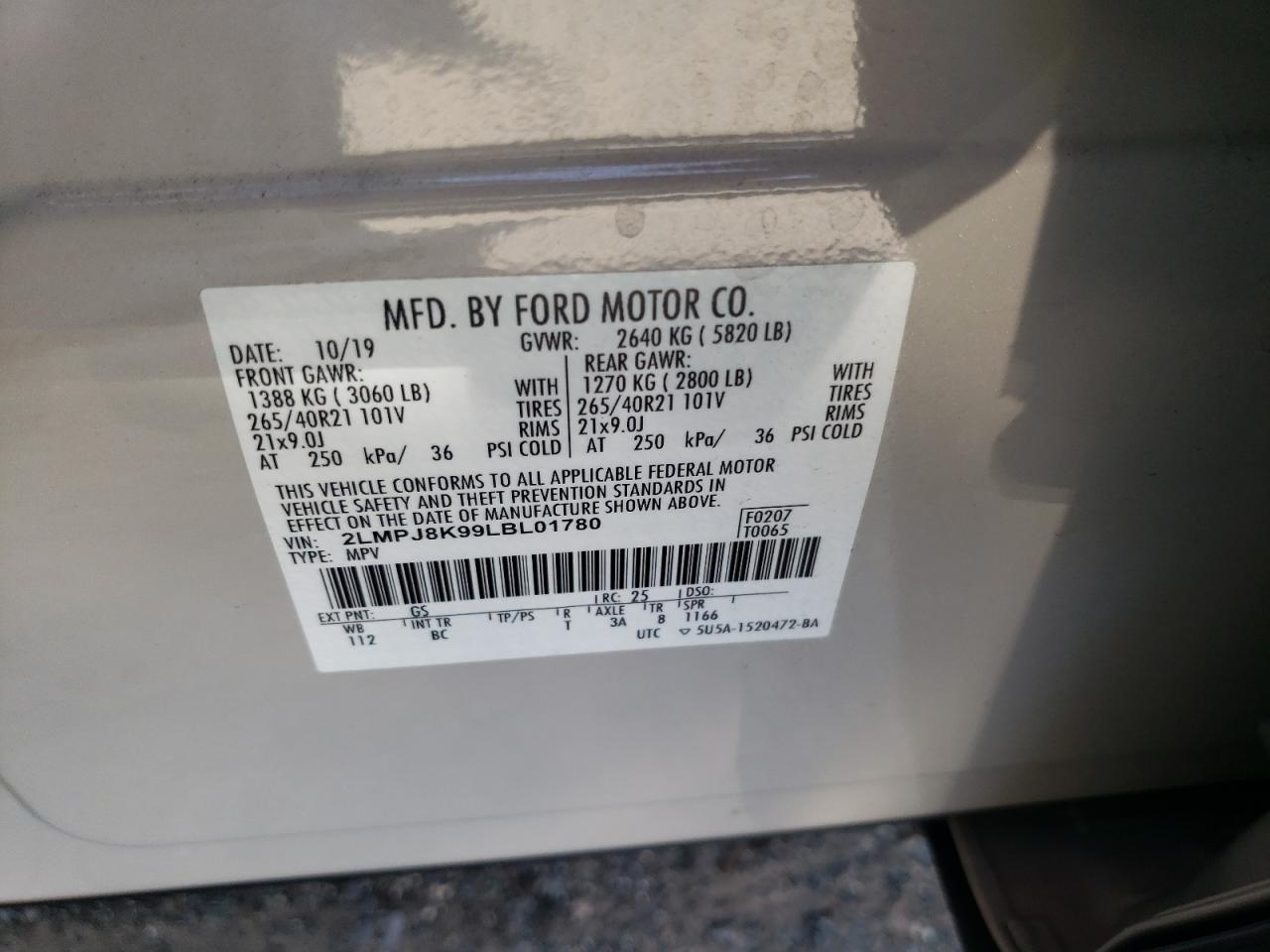 2020 Lincoln Nautilus Reserve VIN: 2LMPJ8K99LBL01780 Lot: 62079144