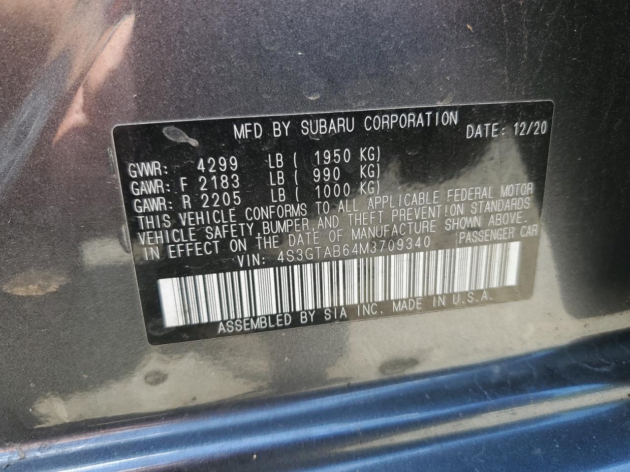 2021 Subaru Impreza VIN: 4S3GTAB64M3709340 Lot: 59307974