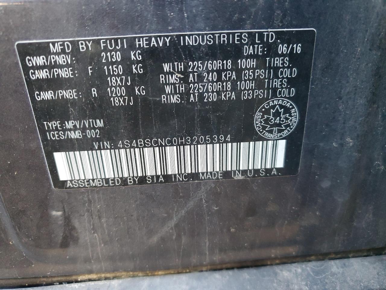 2017 Subaru Outback 2.5I Limited VIN: 4S4BSCNC0H3205394 Lot: 62706074