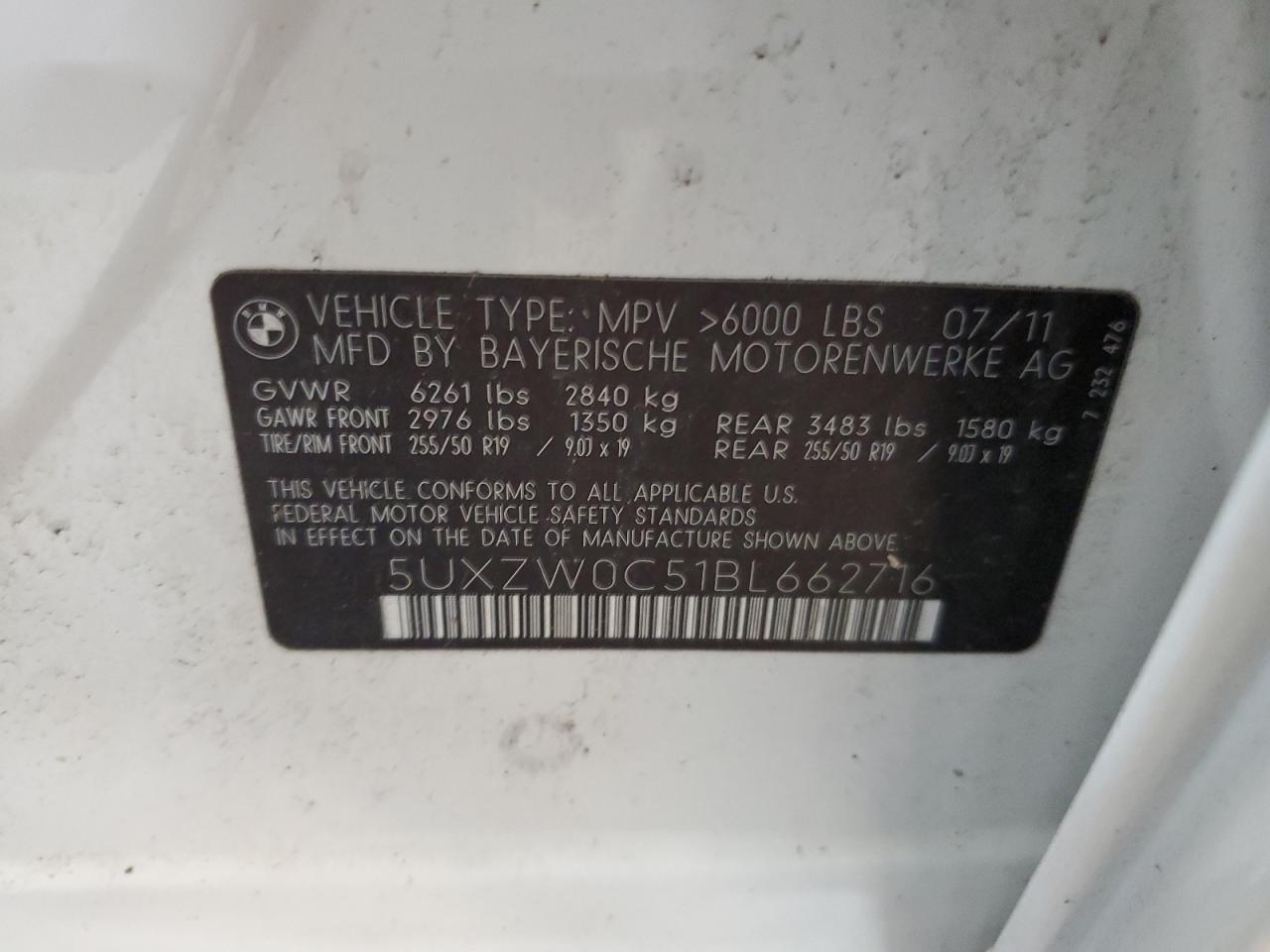 2011 BMW X5 xDrive35D VIN: 5UXZW0C51BL662716 Lot: 64673004