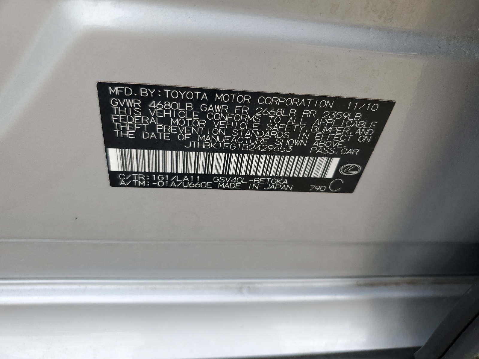 JTHBK1EG1B2429653 2011 Lexus Es 350