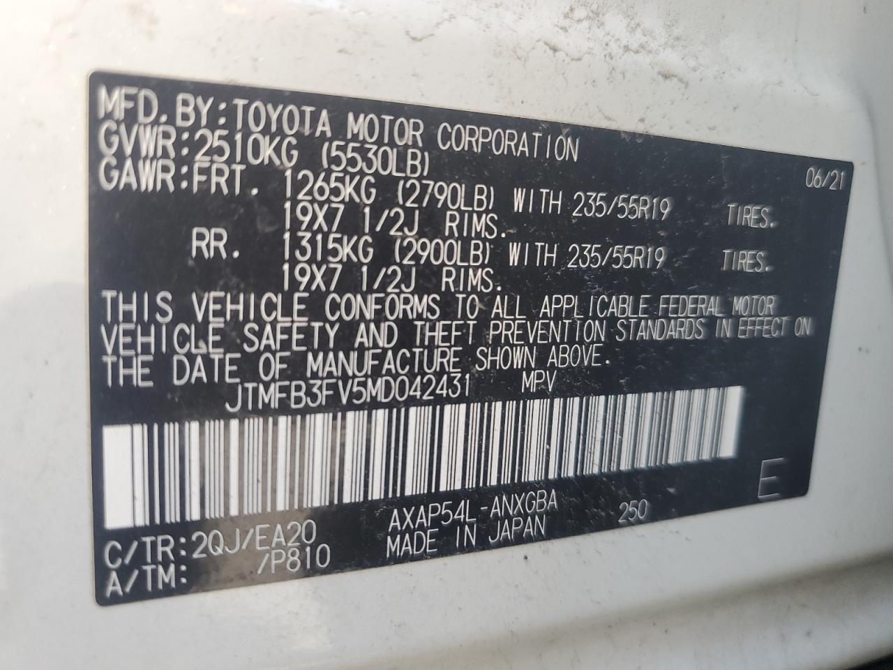 2021 Toyota Rav4 Prime Xse VIN: JTMFB3FV5MD042431 Lot: 62913414