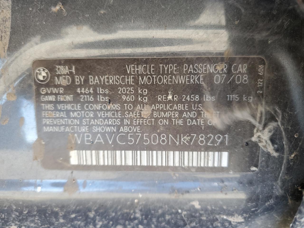2008 BMW 328 I Sulev VIN: WBAVC57508NK78291 Lot: 64638144