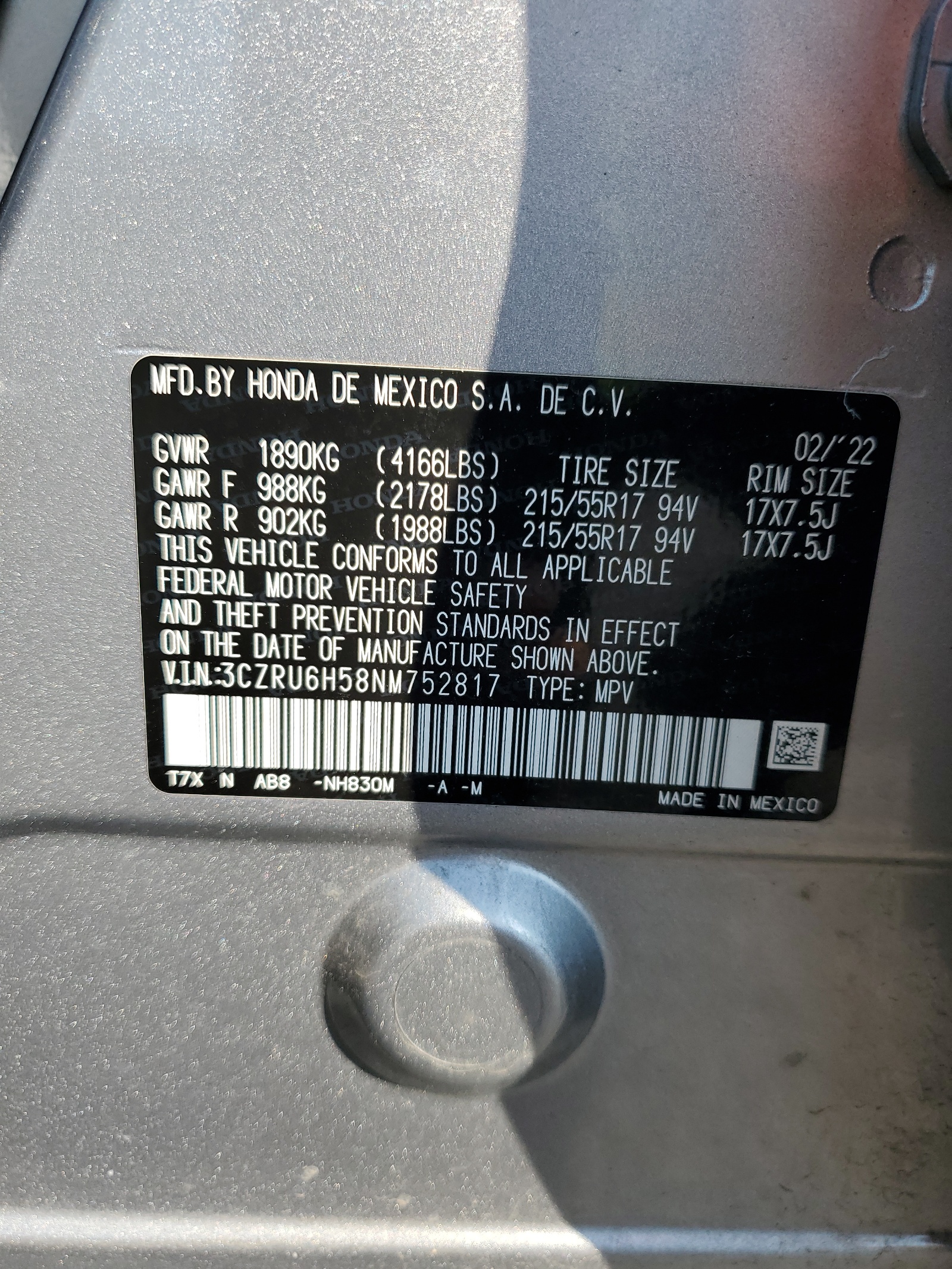 3CZRU6H58NM752817 2022 Honda Hr-V Ex