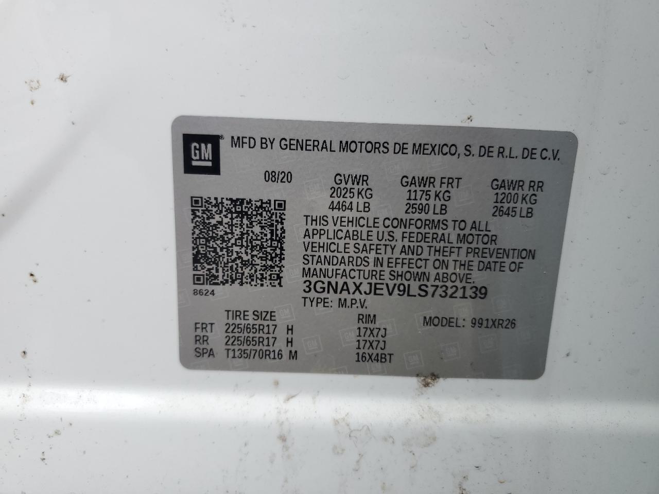 2020 Chevrolet Equinox Lt VIN: 3GNAXJEV9LS732139 Lot: 64220214