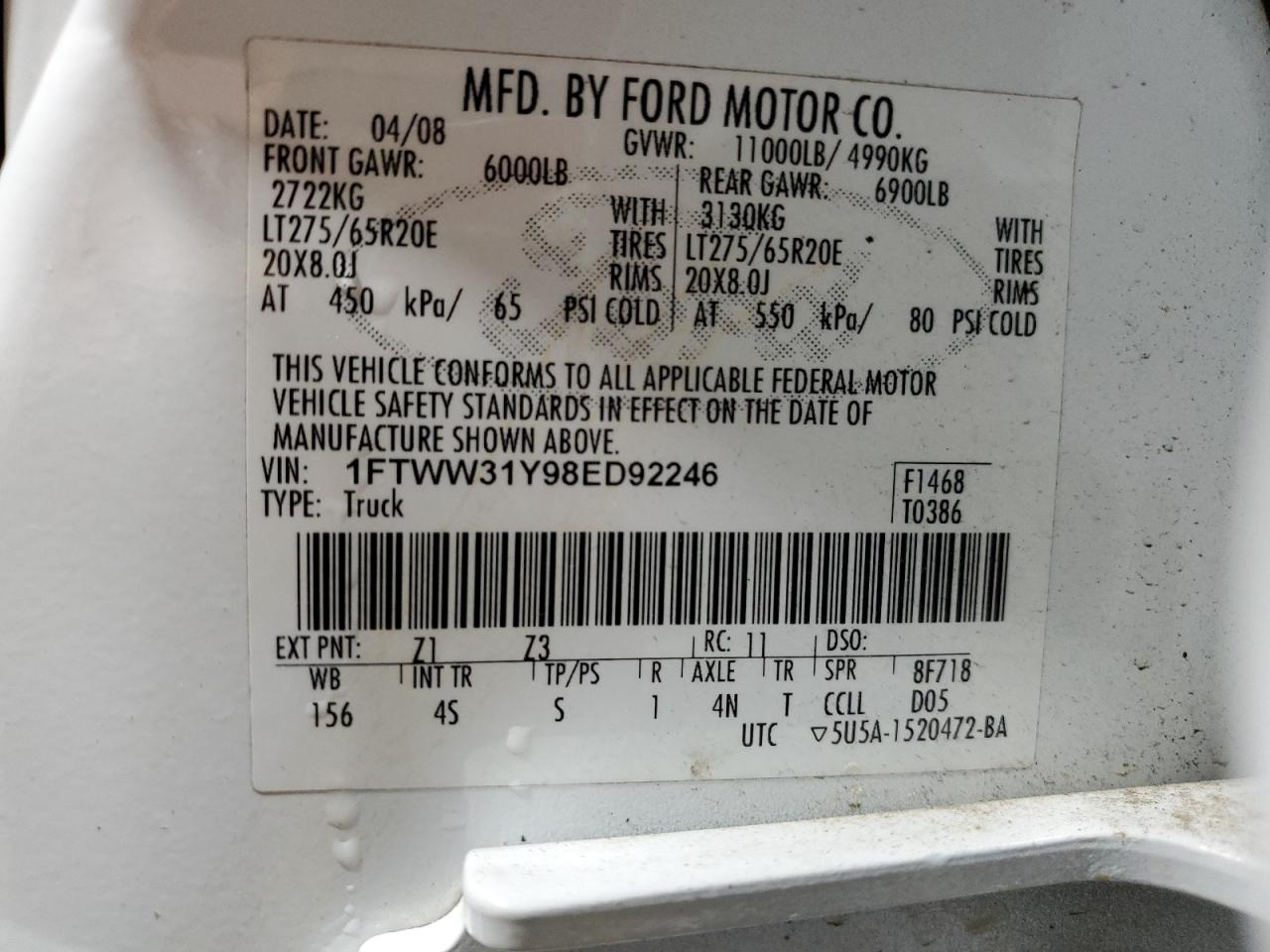 2008 Ford F350 Srw Super Duty VIN: 1FTWW31Y98ED92246 Lot: 64264264