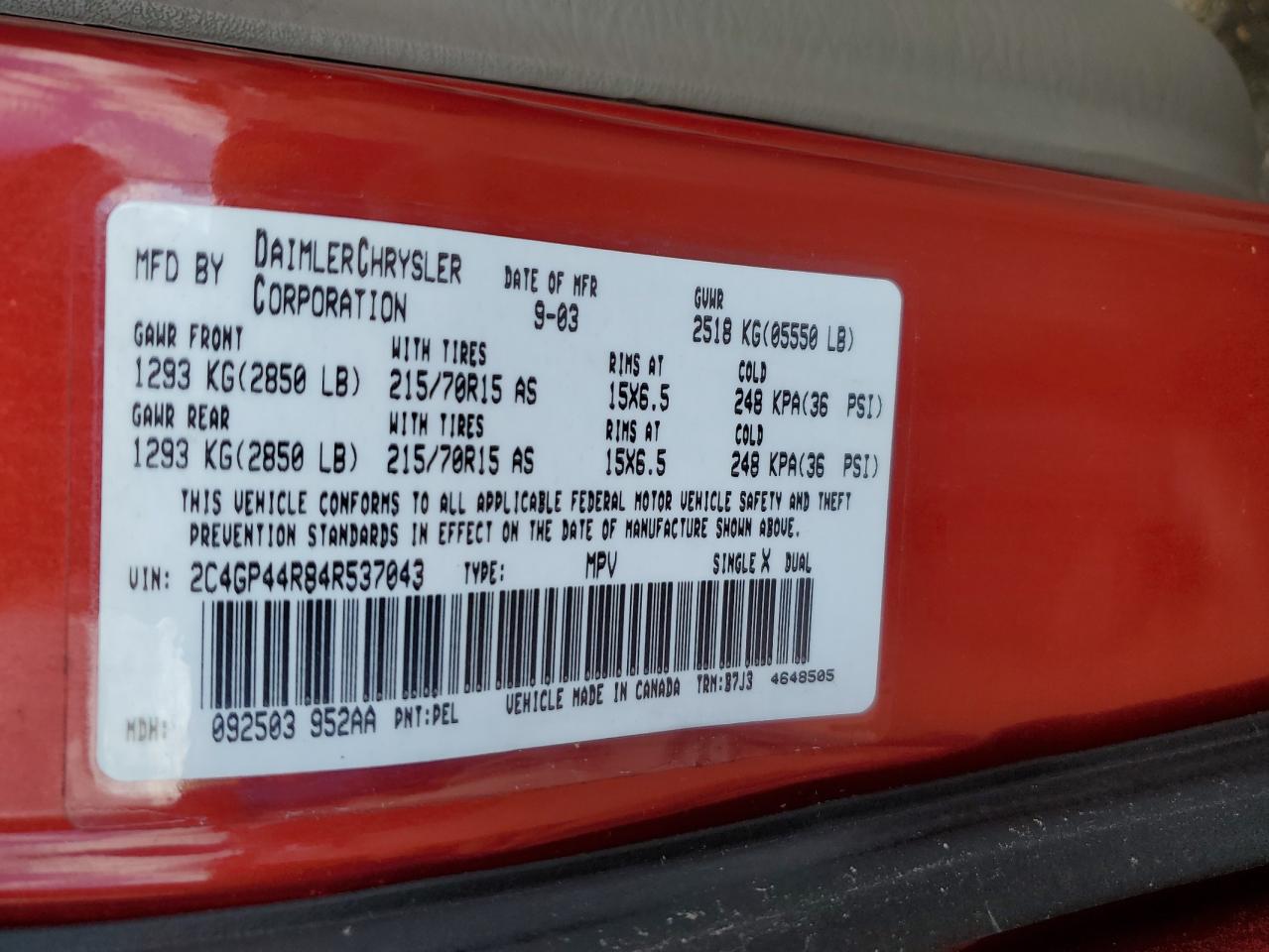 2004 Chrysler Town & Country Lx VIN: 2C4GP44R84R537043 Lot: 62140794