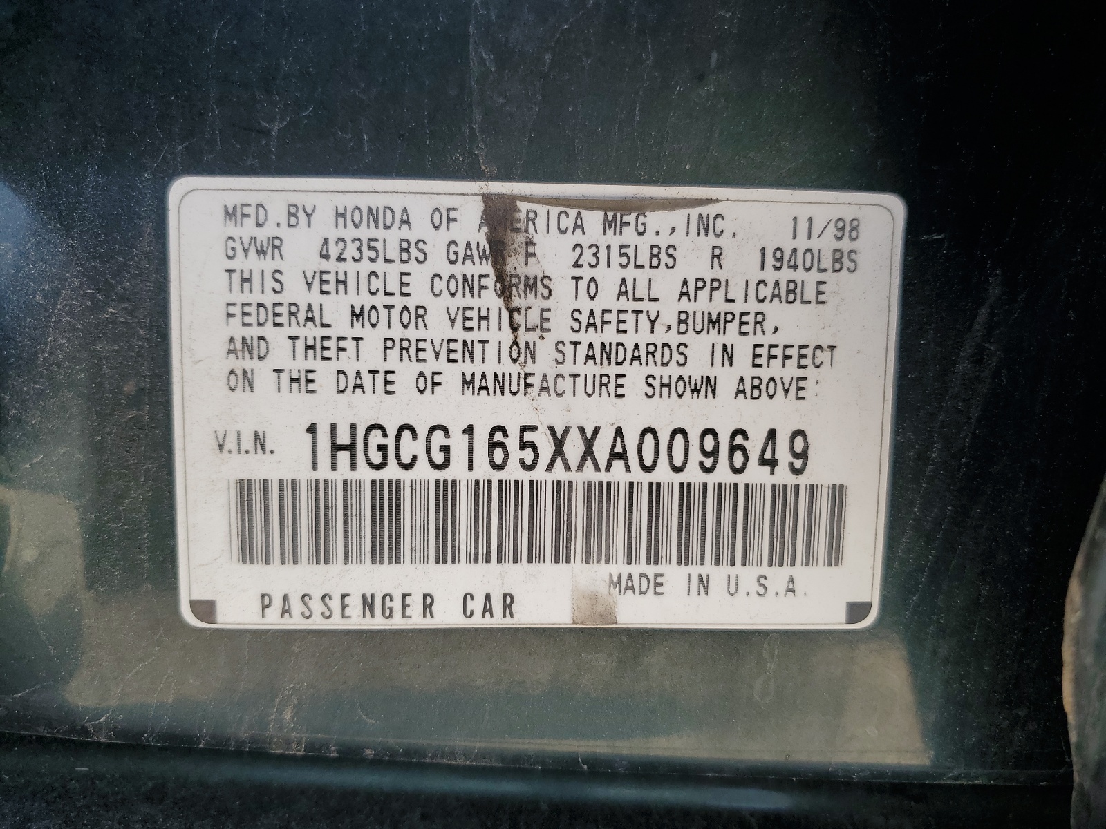 1HGCG165XXA009649 1999 Honda Accord Ex