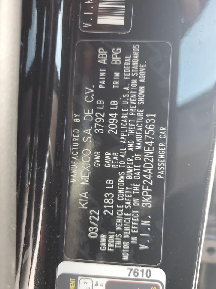 2022 Kia Forte Fe VIN: 3KPF24AD2NE475631 Lot: 64296214