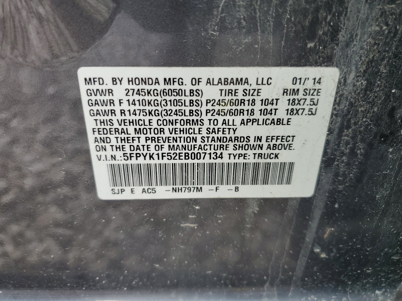 5FPYK1F52EB007134 2014 Honda Ridgeline Rtl