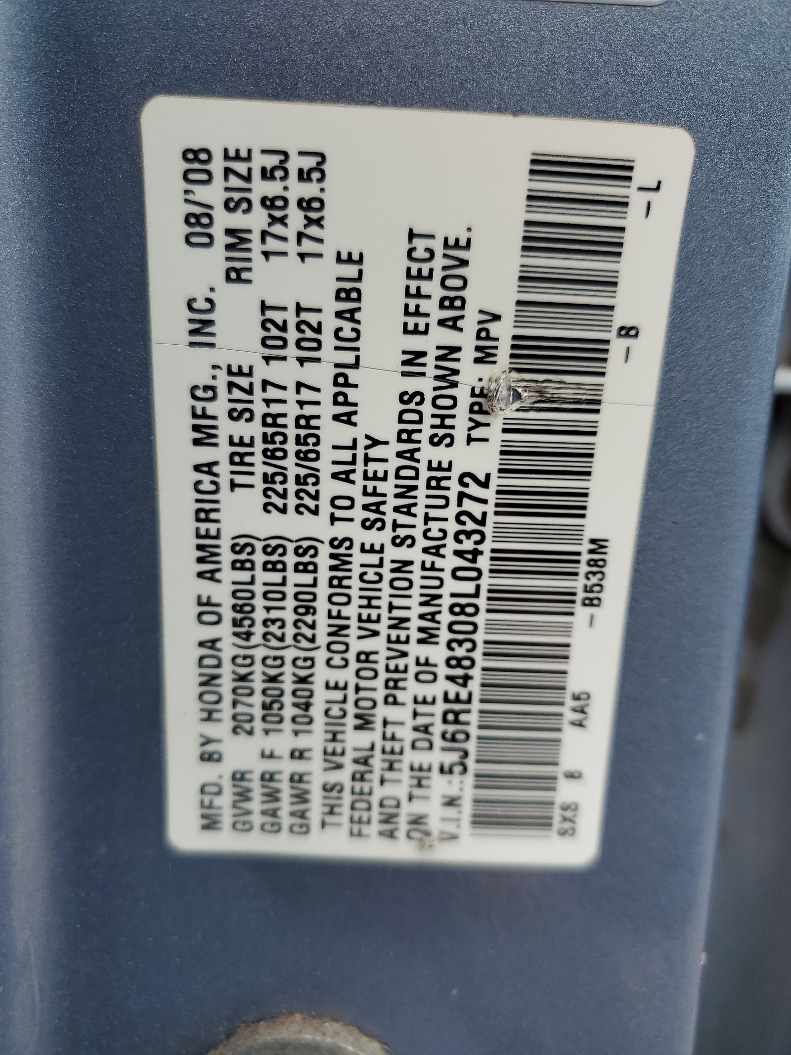 5J6RE48308L043272 2008 Honda Cr-V Lx