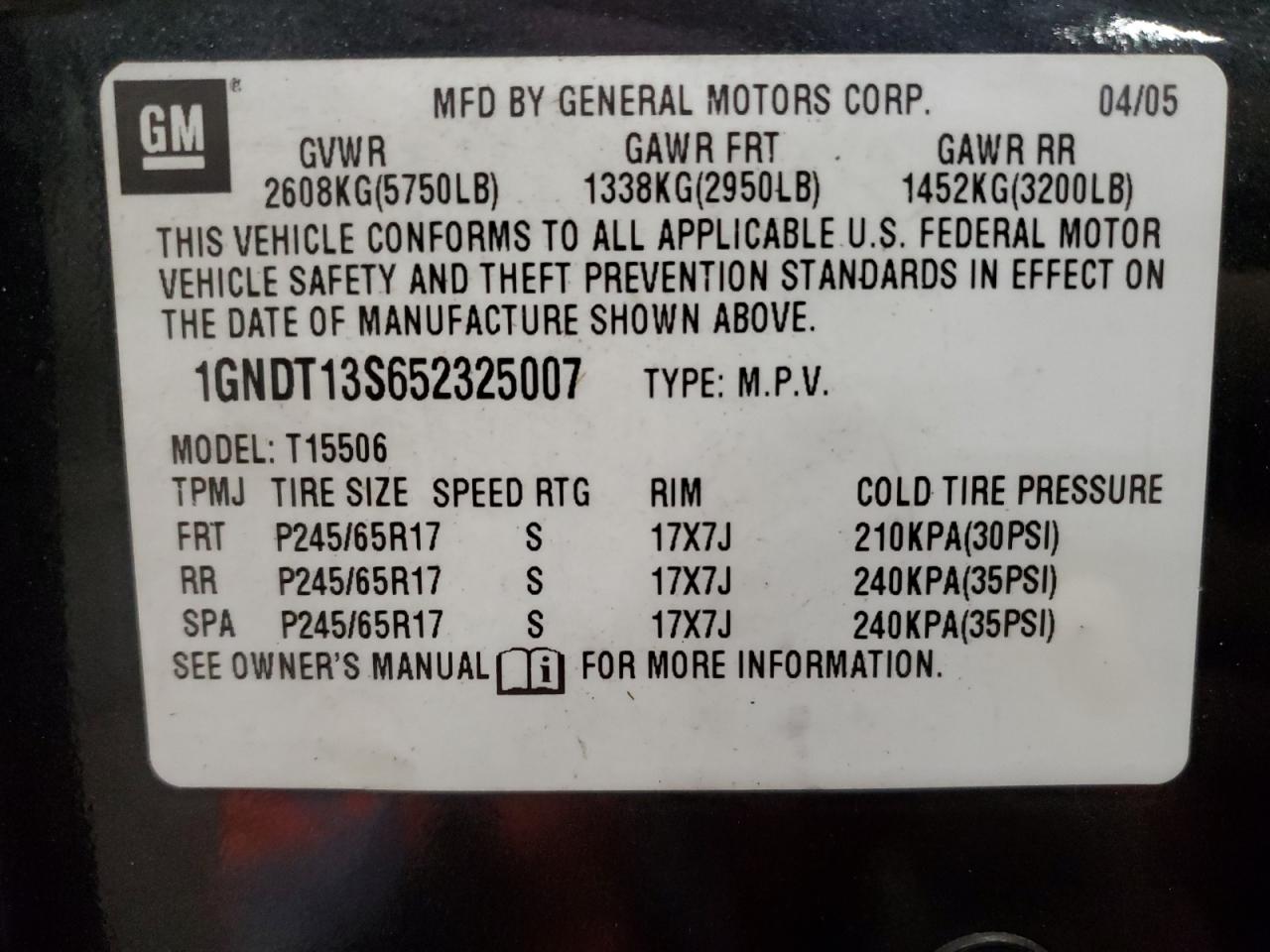 2005 Chevrolet Trailblazer Ls VIN: 1GNDT13S652325007 Lot: 61809894