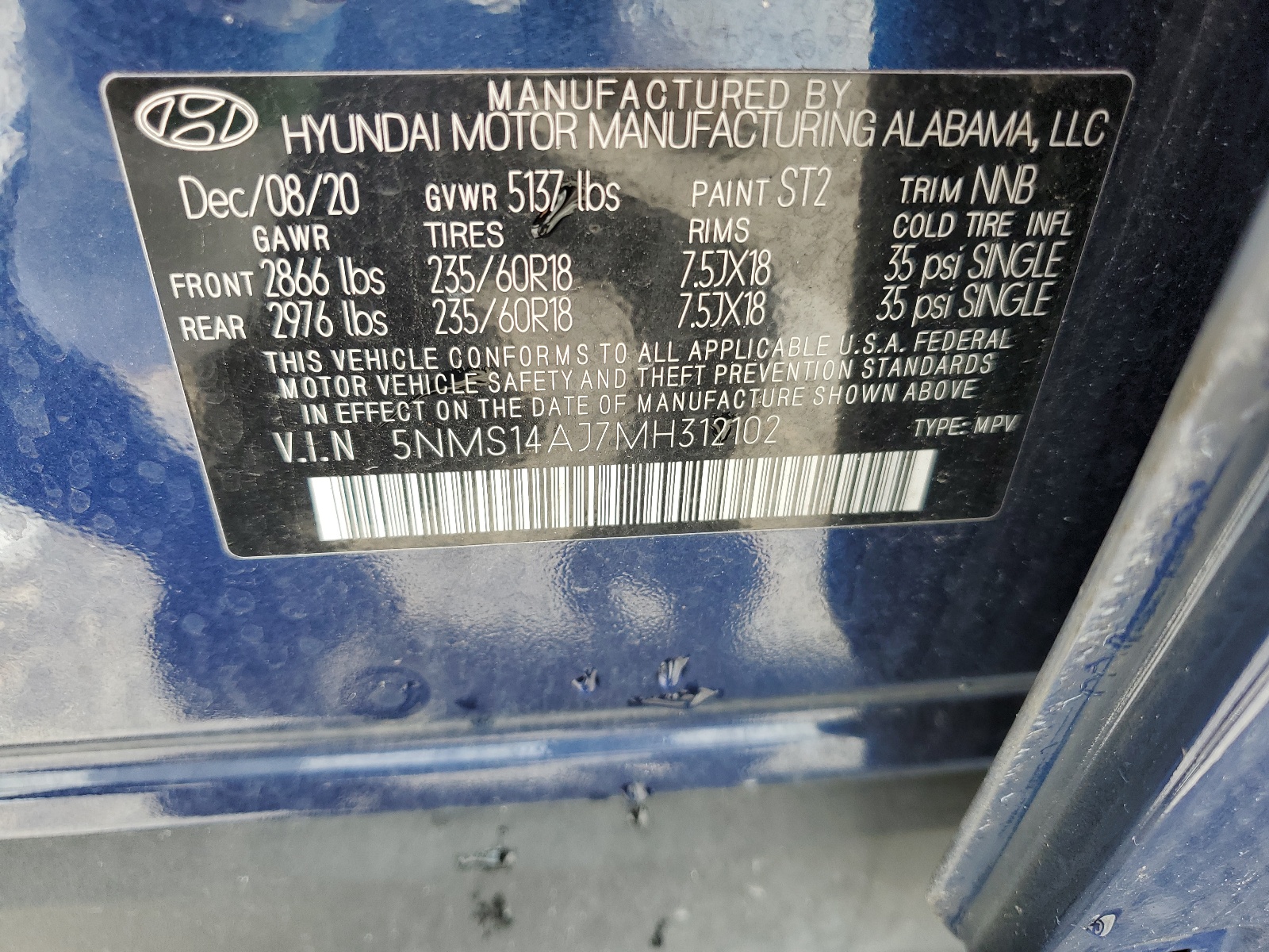 5NMS14AJ7MH312102 2021 Hyundai Santa Fe Se