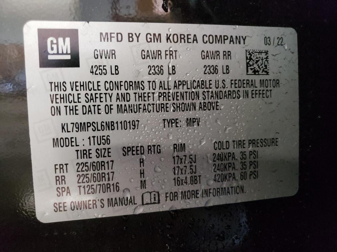 2022 Chevrolet Trailblazer Lt VIN: KL79MPSL6NB110197 Lot: 64352294