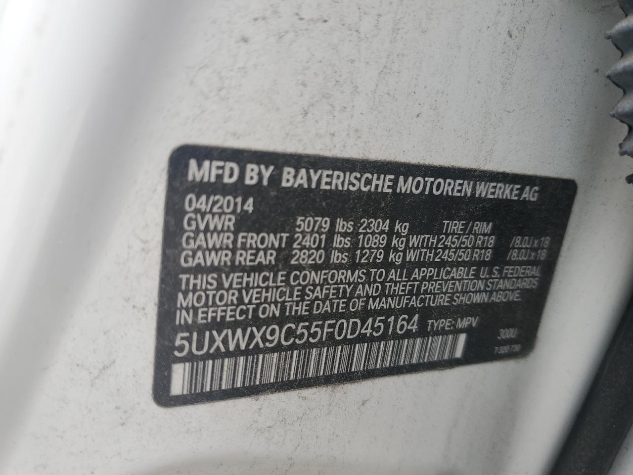 2015 BMW X3 xDrive28I VIN: 5UXWX9C55F0D45164 Lot: 64700384