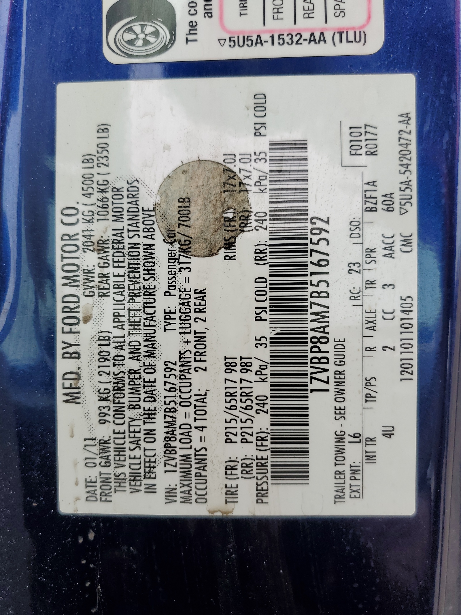 1ZVBP8AM7B5167592 2011 Ford Mustang