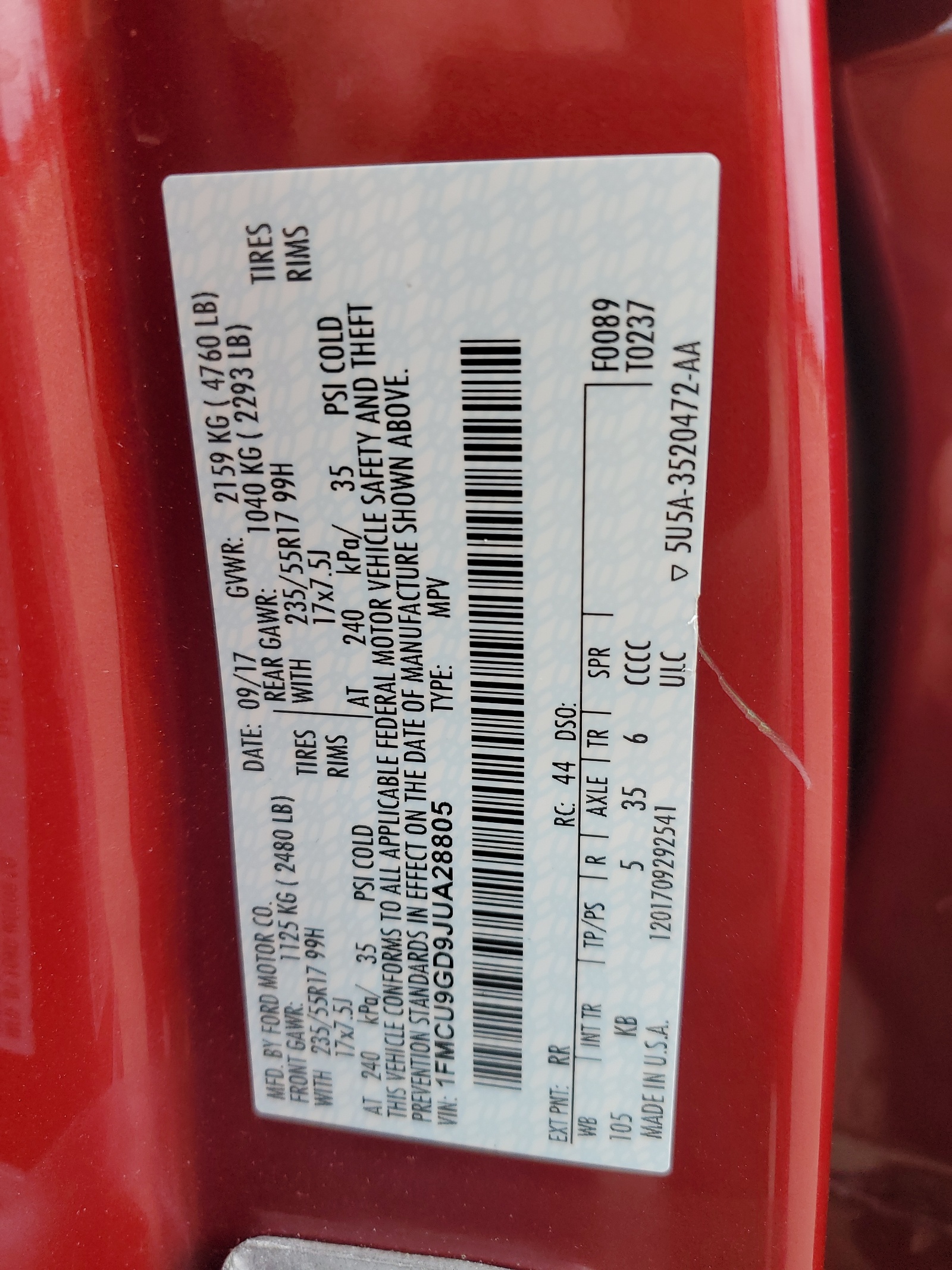 1FMCU9GD9JUA28805 2018 Ford Escape Se